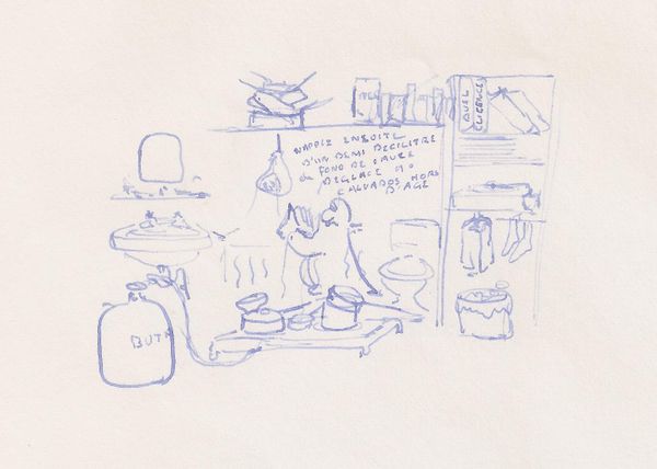 Dessin : il lit un livre dans un espace exigu : "Nappez d'un demi décilitre de fond de sauce déglacé au calvados hors d'âge".