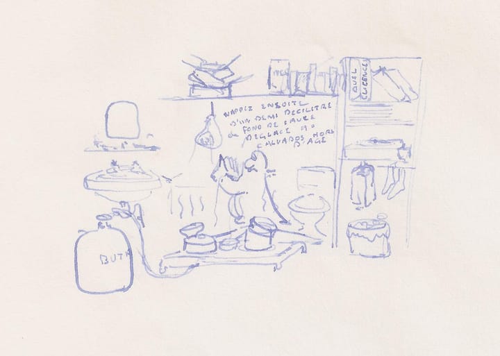 Dessin : il lit un livre dans un espace exigu : "Nappez d'un demi décilitre de fond de sauce déglacé au calvados hors d'âge".